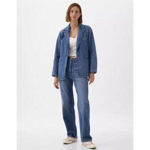 GAP Womens Long Sleeve Single Breasted Denim Blazer Jacket Blue Size L Petite